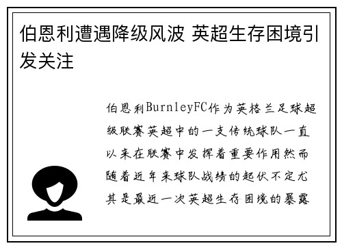 伯恩利遭遇降级风波 英超生存困境引发关注 伯恩利遭遇降级风波 英超生存困境引发关注